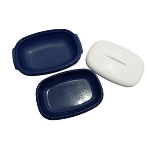 Vintage Tupperware Blue White Microwave Vegetable Rice Steamer 3 Pc #1273